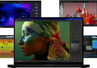 Varias apps de producción musical, edición de vídeo, animación en 3D y edición de fotos en el Mac con una selección de contenidos a todo color en la pantalla, ilustran el potente rendimiento gráfico