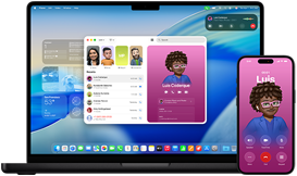 MacBook Pro de 14 pulgadas y iPhone 16, el iPhone muestra una llamada al contacto Luis, y el MacBook Pro muestra la misma llamada en la app Teléfono