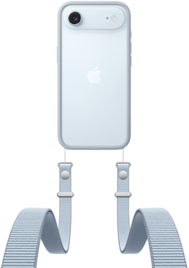 iPhone Air, parte trasera, color azul cielo, sistema de cámara Fusion en el extremo superior, logotipo de Apple en el centro, correa cruzada enganchada a funda Bumper en color gris claro