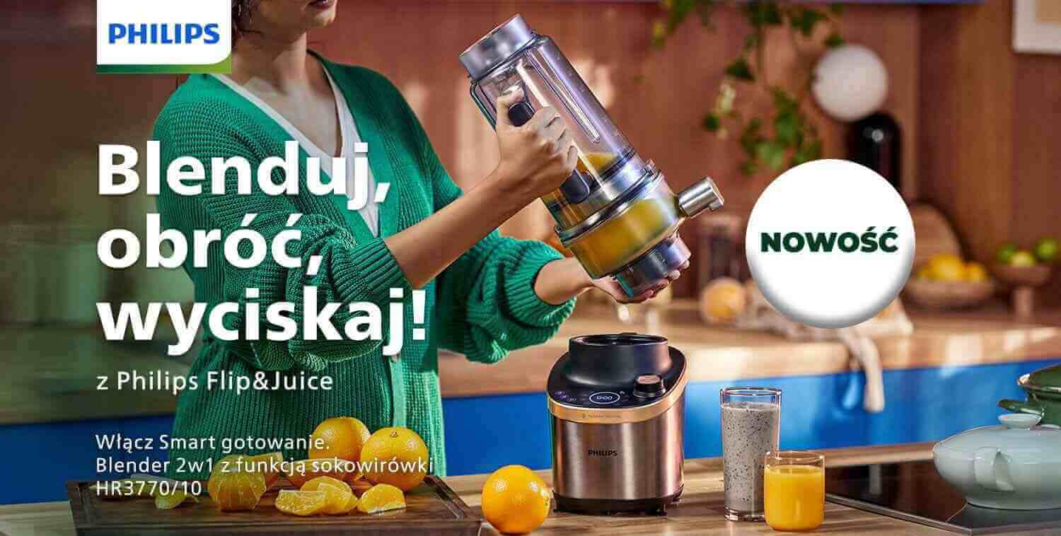 Dostępny w sklepach Media Markt blender z funkcją sokowirówki Philips Flip&Juice HR3770/10 