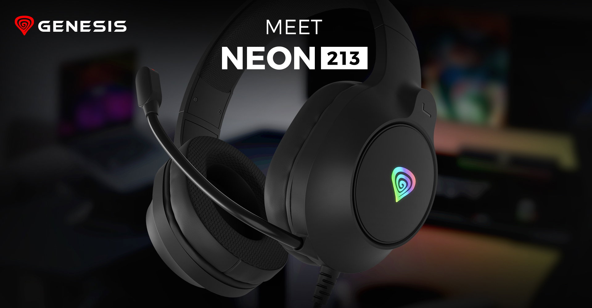 Black over-ear headphones with a microphone and multicolored glowing logo