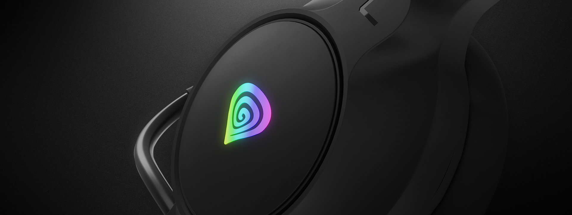 Headphones with a glossy black finish and colorful light logo on the ear cup