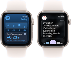 Twee Apple Watch SE 3-devices met kasten van aluminium in de kleur Sterrenlicht, met Vitale Functies-app op het scherm