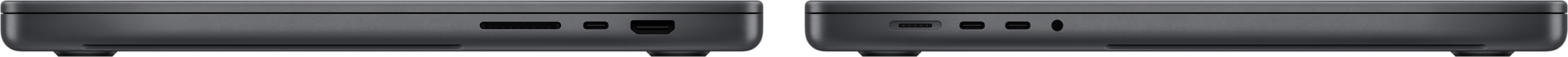 Vista laterale di MacBook Pro che mostra lo slot SDXC card, le tre porte Thunderbolt 4, la porta HDMI, la porta MagSafe 3 per la ricarica e il jack per cuffie.