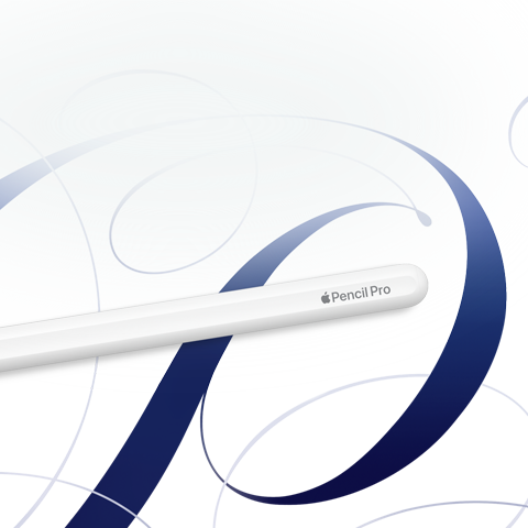 Mavi sarmal desenlerin bulunduğu beyaz bir arka planda beyaz renkte Apple Pencil Pro gösteriliyor