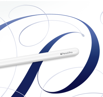 Mavi sarmal desenlerin bulunduğu beyaz bir arka planda beyaz renkte Apple Pencil Pro gösteriliyor