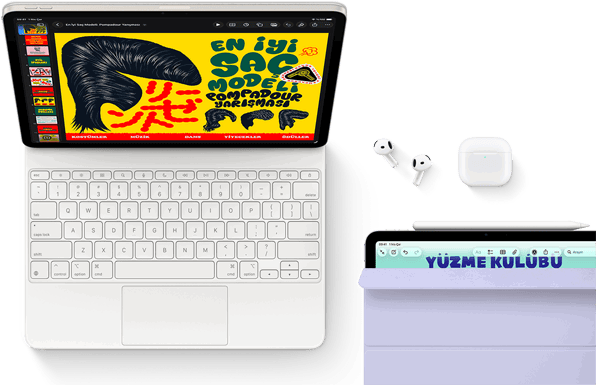 Magic Keyboard’a takılı Yıldız Işığı rengi iPad Air’in ekranında renkli grafikler, Airpods Pro ve Apple Pencil Pro aksesuarları