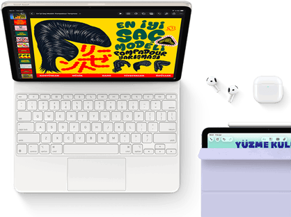 Magic Keyboard’a takılı Yıldız Işığı rengi iPad Air’in ekranında renkli grafikler, Airpods Pro ve Apple Pencil Pro aksesuarları
