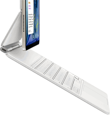 Beyaz renkte Magic Keyboard’a takılı Yıldız Işığı rengi iPad Air’in yandan dış görünümü