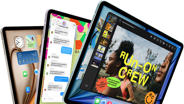 Yan yana yelpaze şeklinde dizilmiş üç adet iPad Air’in önden ve yandan görünümü, Mavi, Mor ve Yıldız Işığı renk seçenekleri, ekranlarında Keynote uygulaması, Mesajlar ve Ana Ekran gösteriliyor