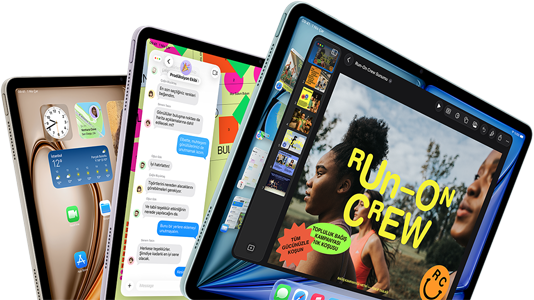 Yan yana yelpaze şeklinde dizilmiş üç adet iPad Air’in önden ve yandan görünümü, Mavi, Mor ve Yıldız Işığı renk seçenekleri, ekranlarında Keynote uygulaması, Mesajlar ve Ana Ekran gösteriliyor