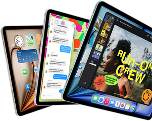Yan yana yelpaze şeklinde dizilmiş üç adet iPad Air’in önden ve yandan görünümü, Mavi, Mor ve Yıldız Işığı renk seçenekleri, ekranlarında Keynote uygulaması, Mesajlar ve Ana Ekran gösteriliyor