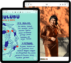 11 inç ve 13 inç boyutlarında iki adet iPad Air; 11 inç iPad Air ekranında Notlar uygulamasında renkli bir metin gösteriliyor, 13 inç iPad Air ekranında Fotoğraflar uygulamasında bir kişinin fotoğrafı gösteriliyor