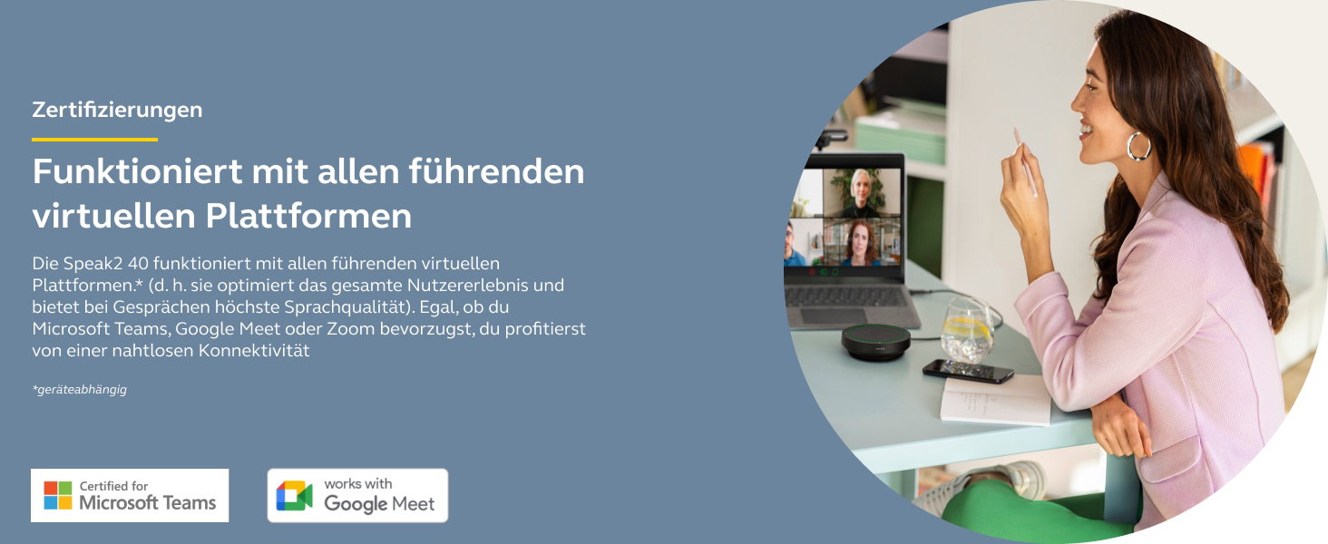 Der Text lautet „Funktioniert mit allen führenden virtuellen Plattformen“. Inneneinrichtung des Büros, die die Einrichtung der Arbeitsstation zeigt.