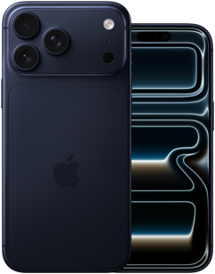 Yan yana tasarımda; iPhone 17 Pro Max’in arkadan görünümü, Pro kamera sistemi, 3 adet lens, mikrofon, flaş, [B28] renk, iPhone 17 Pro, tam ekran önden görünüm, [B28] renk
