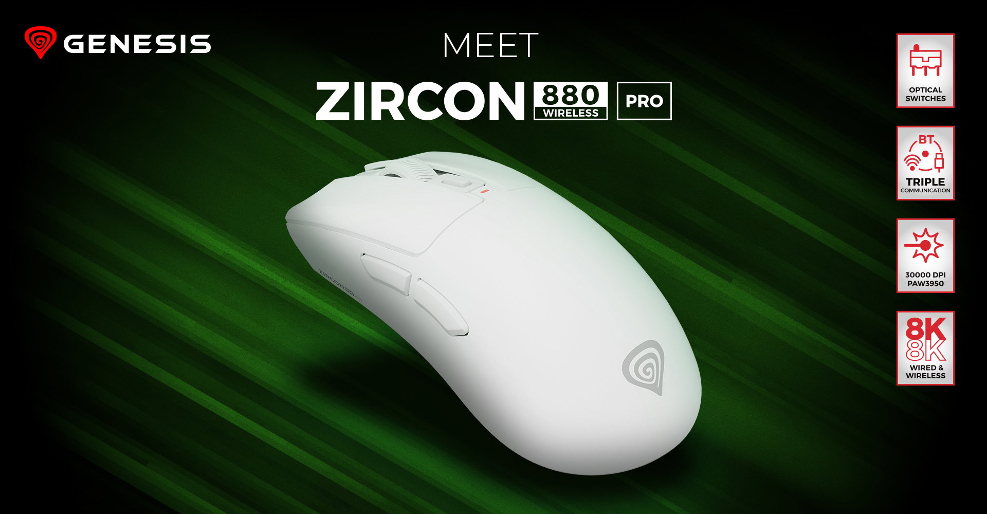 Gaming mouse in white color with customizable buttons and ergonomic design.