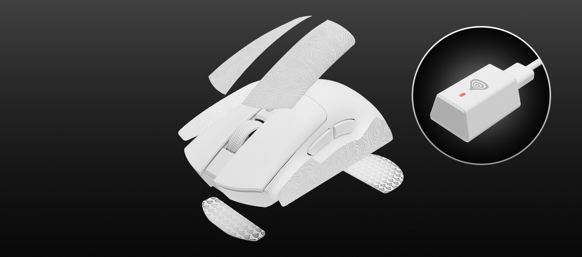 White gaming mouse with detachable parts and a connection cable with a red light.