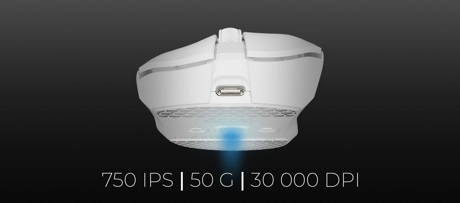 Mouse with a connection cable and a glowing light on the bottom surface.