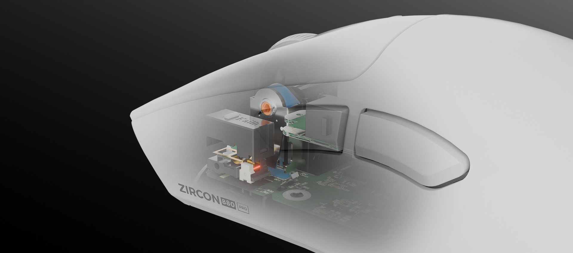 Mouse with a transparent shell showing internal components and circuit board details.