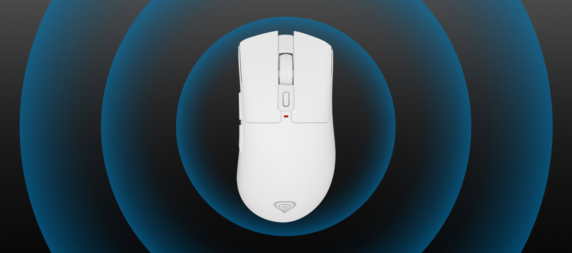 White computer mouse with buttons and a red light on a dark gradient background.