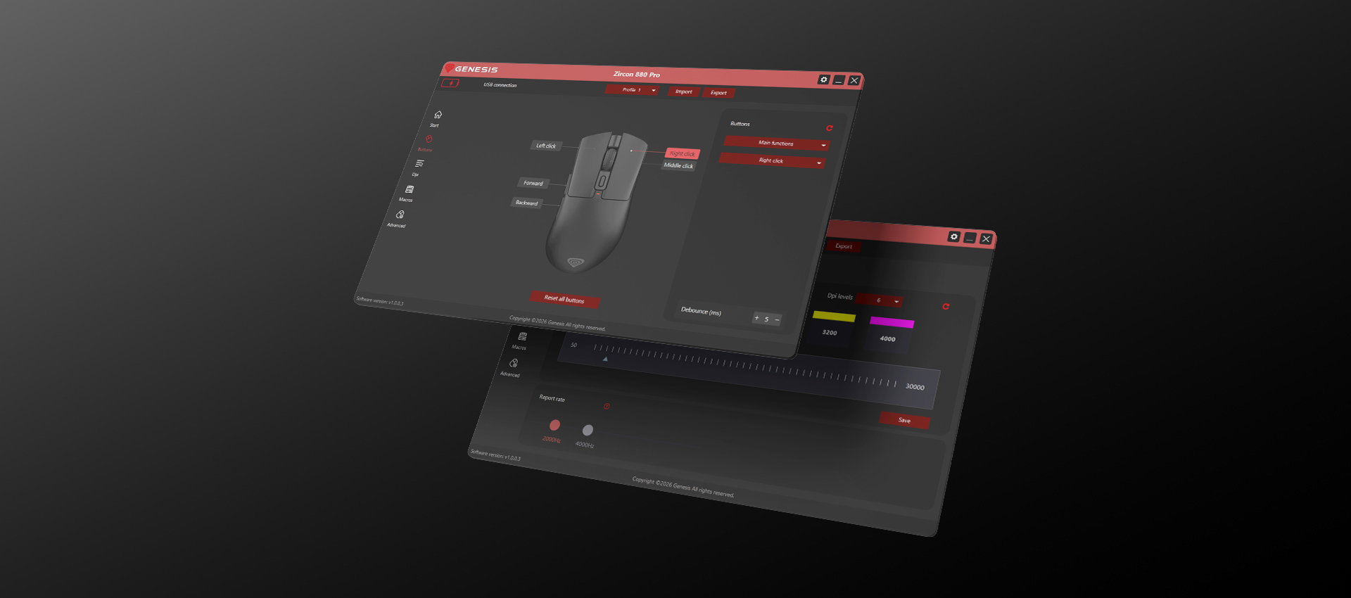 Software interface displaying settings and options for a computer mouse with a dark theme.