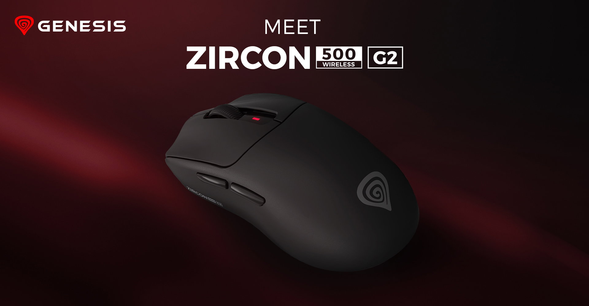 Wireless gaming mouse in black with a sleek design and a red light indicator.