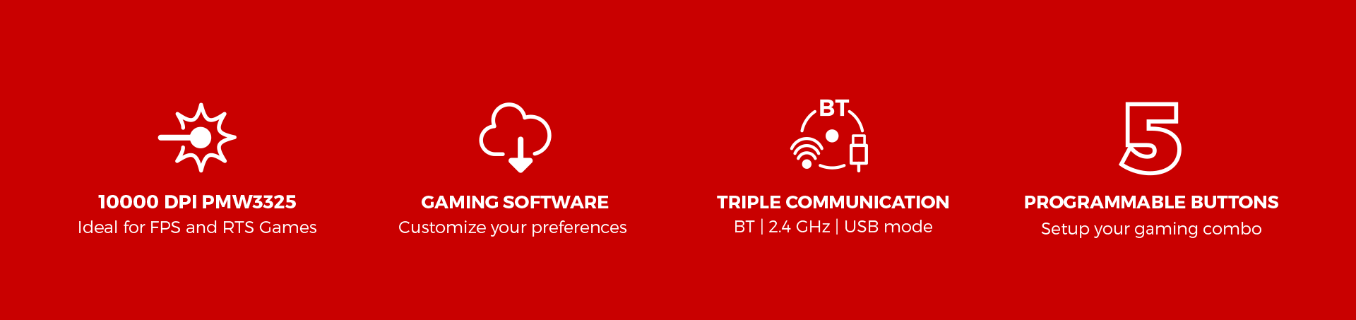 Red background with five white icons representing gaming features and functionalities.