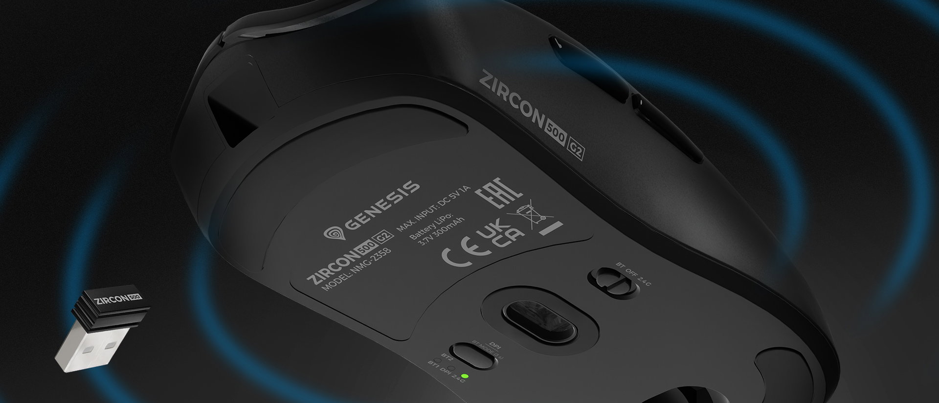 Gaming mouse with a smooth surface and a wireless connection adapter nearby.
