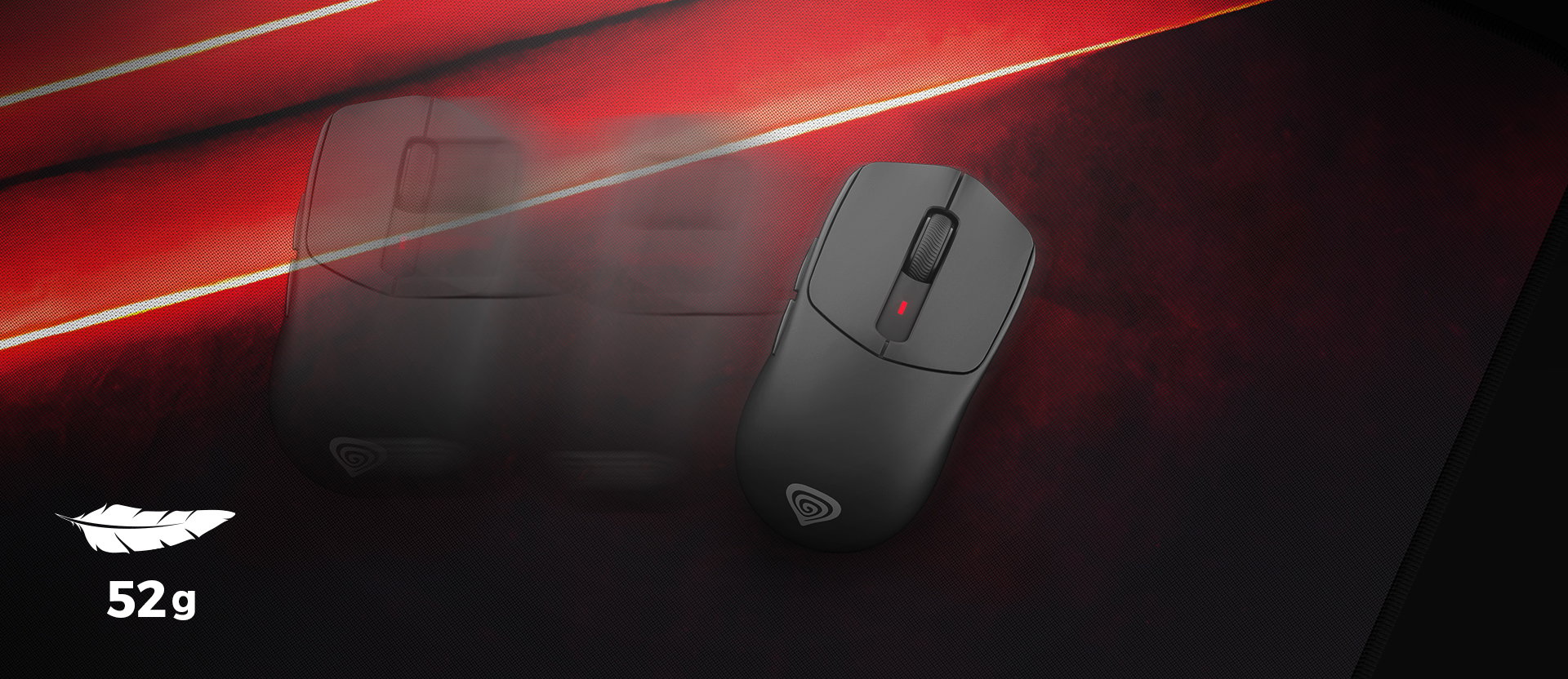 Lightweight gaming mouse positioned on a dark mouse pad with red accents and motion blur.