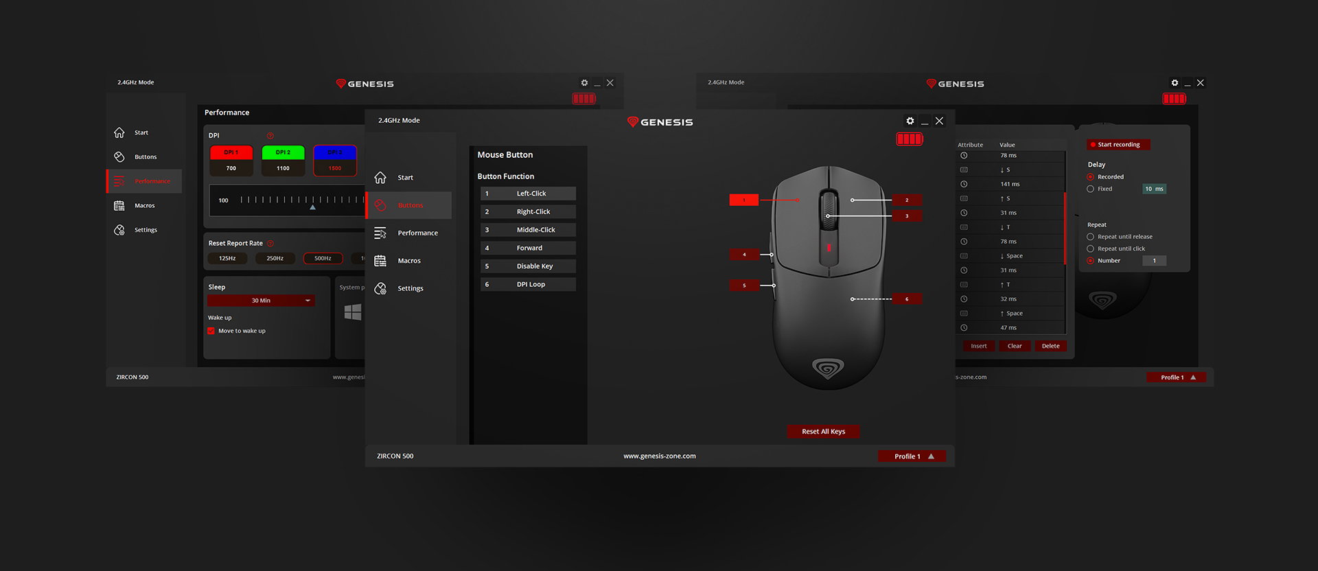User interface showing customizable settings for a gaming mouse with a dark theme.