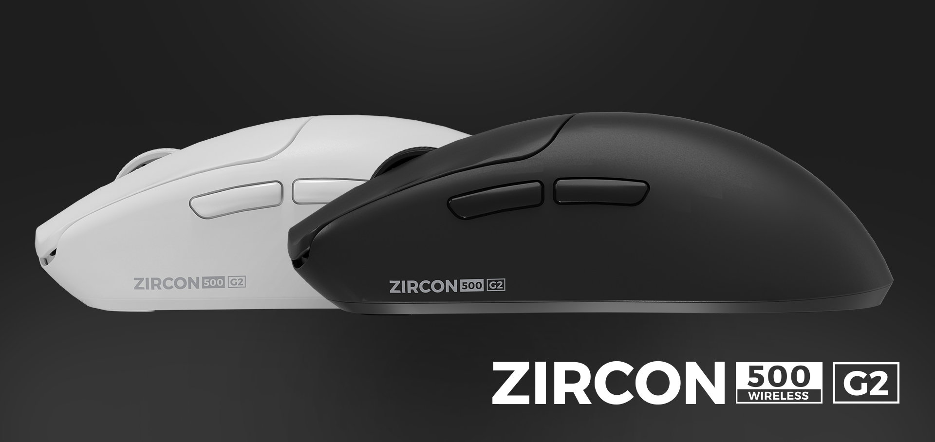 A white mouse and a black mouse positioned side by side on a dark background.