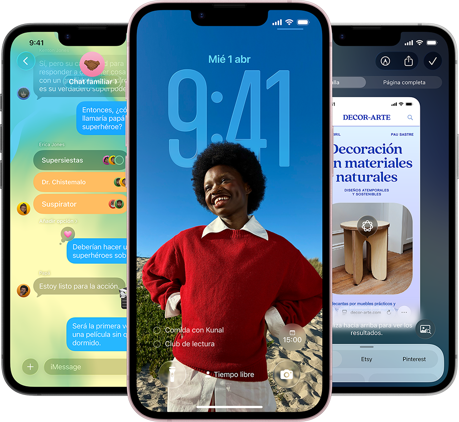Tres iPhone 17e, se muestra la app Mensajes con el diseño Liquid Glass, la pantalla de bloqueo dinámica y la inteligencia visual en uso
