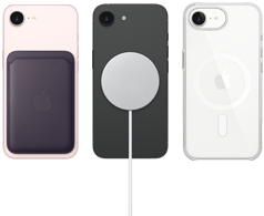 iPhone 17e en color rosa palo con una cartera de trenzado fino en color púrpura medianoche, iPhone 17e en color negro con cargador MagSafe, iPhone 17e en color blanco con funda transparente con MagSafe