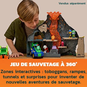 Le texte se lit comme suit : « JEU DE SAUVETAGE À 360° », « Zones interactives • Toboggan • rampes • tunnels et surprises pour inventer de nouvelles aventures ». Un enfant joue avec un set de sauvetage interactif noir comprenant une structure volcanique, des plateformes vertes et de multiples zones.