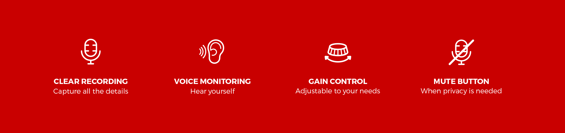 Microphone features including clear recording, voice monitoring, gain control, and a mute button