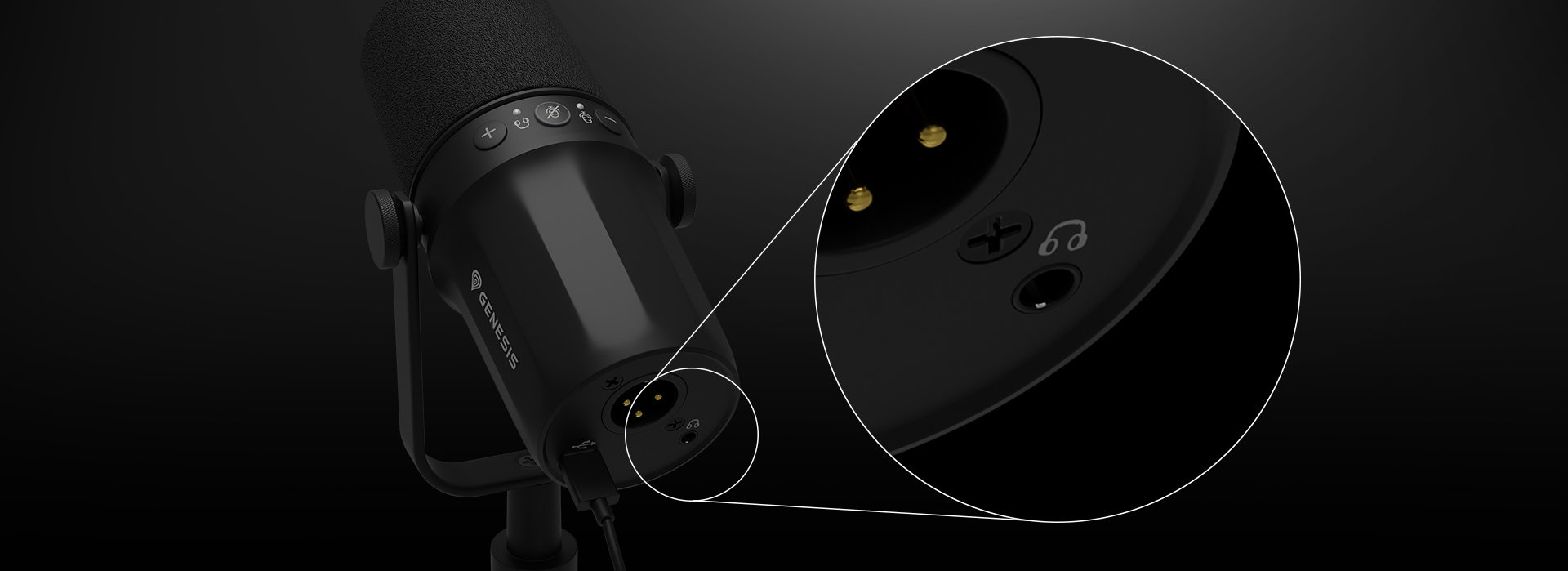 Studio microphone with a mounting stand and various audio connection ports