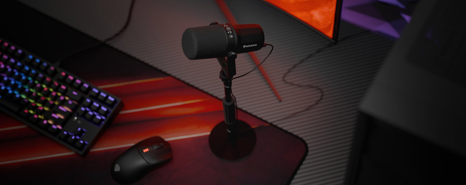 Black studio microphone on a stand with a keyboard and mouse on a textured surface