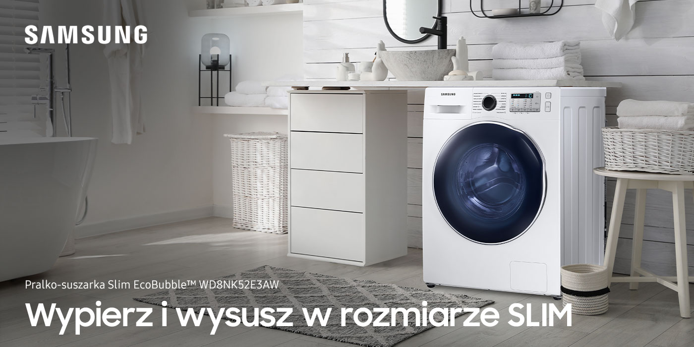 Pralko-suszarka Samsung Slim EcoBubble™ WD8NK52E3AW wstawiona do kuchni zaaranżowanej elegancko w białym kolorze. Urządzenie jest dostępne w sieci Media Markt