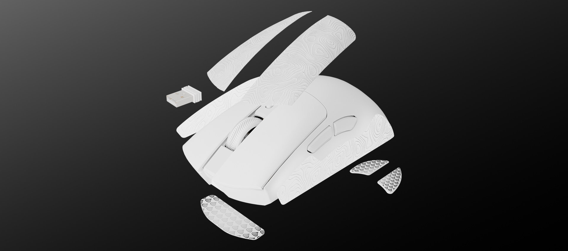 White mouse with detachable parts and customizable grips on a dark background.