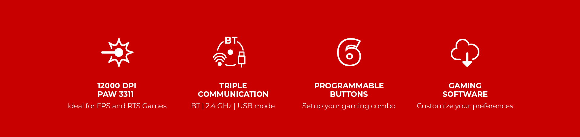 Red graphic featuring icons for gaming mouse specifications and features.