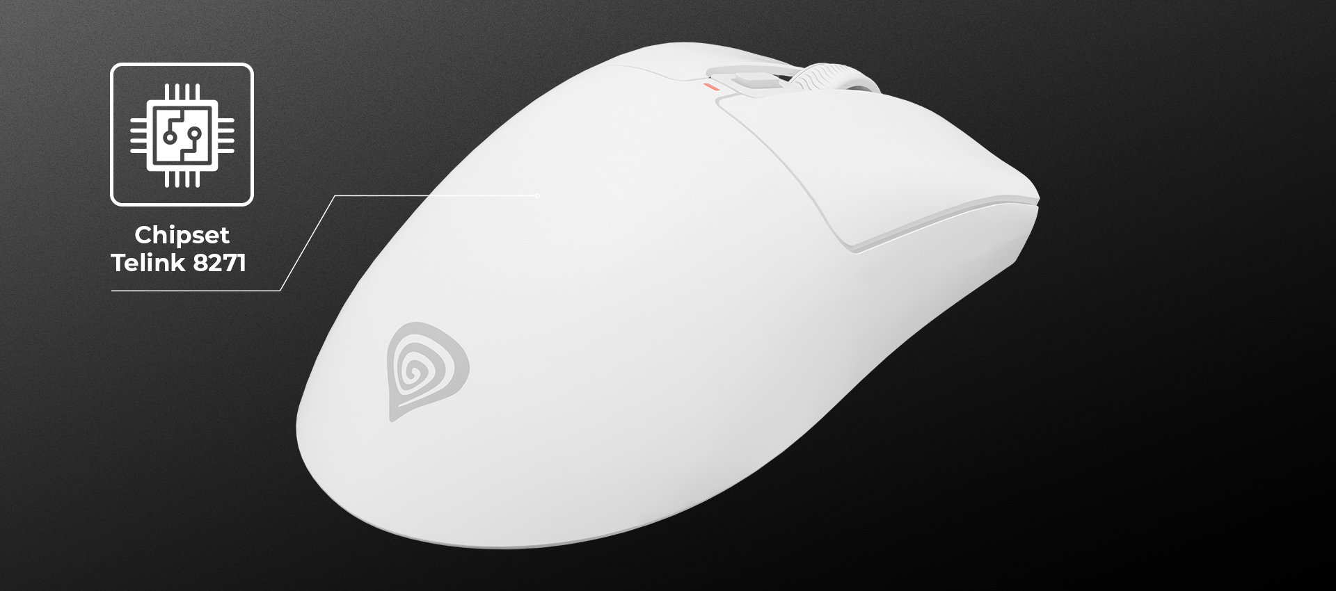 White gaming mouse with a button on top and a logo on the side.