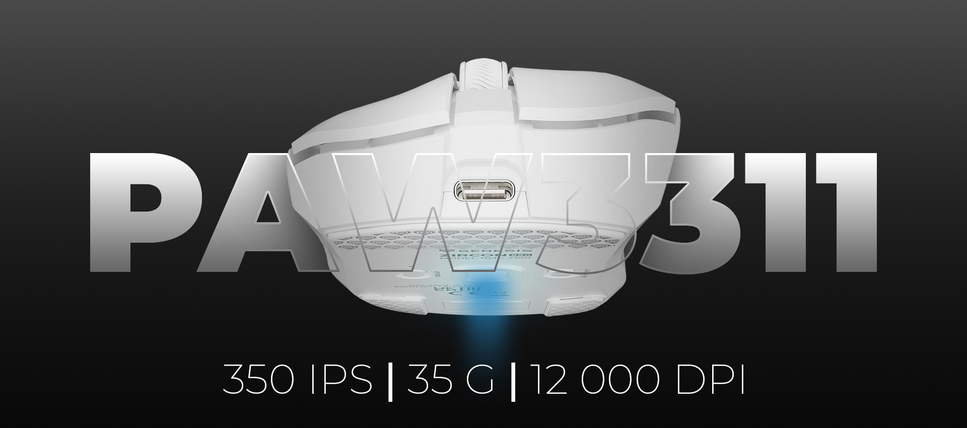A white gaming mouse with a glowing blue light on the bottom surface.