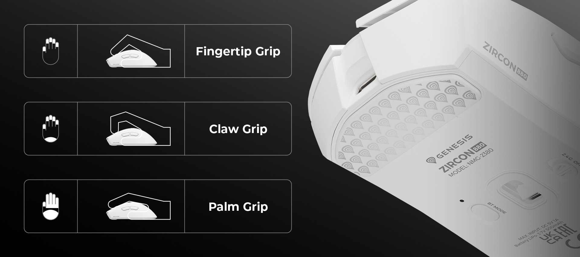 Gaming mouse display showing three different grip styles: fingertip, claw, and palm grip.