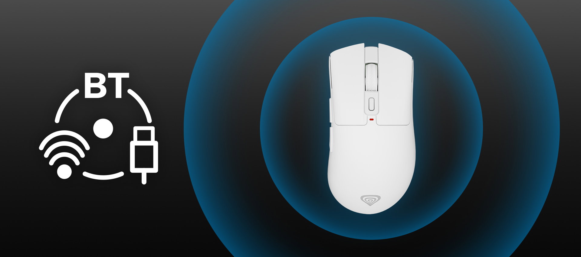 White computer mouse with a smooth design and a red indicator light on top.