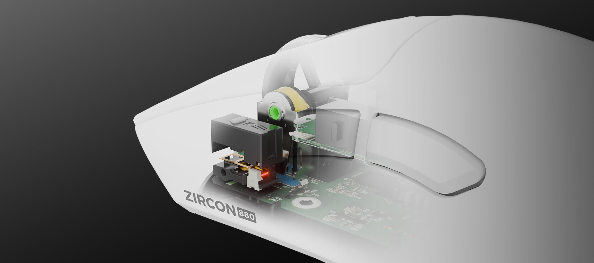 Mouse with a transparent section showing internal components and circuit board details.