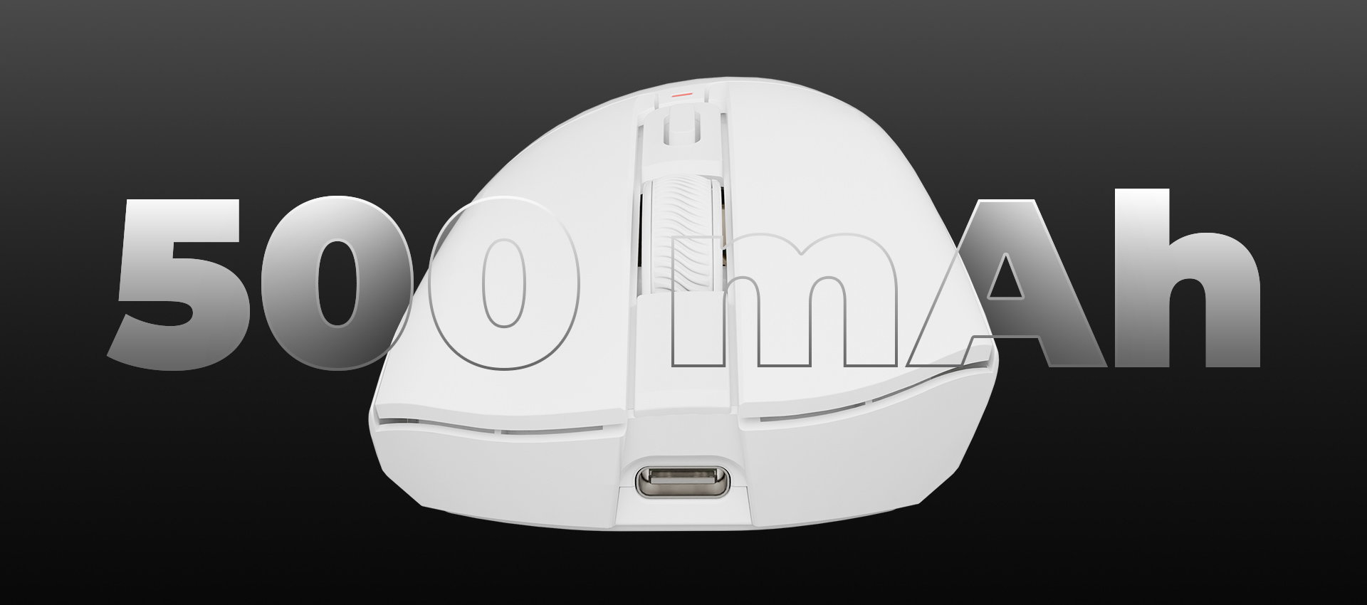 Wireless mouse with a connection port and a smooth white design.