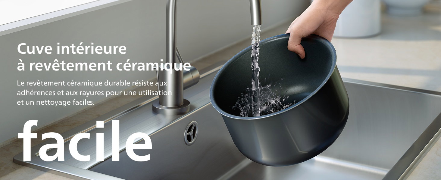 Cuve intérieure à revêtement céramique Le revêtement céramique durable résiste aux adhérences et aux rayures pour une utilisation et un nettoyage faciles. facile