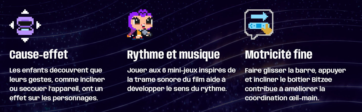 Le texte indique « Cause-effet », « Rythme et musique », « Motricité fine » avec des descriptions : « Les enfants découvrent que leurs gestes créent du rythme et jouent un effet sur ses paramètres. ', 'jouer avec le rythme inspiré de la thématique souvent du film adapté en musique... ', 'Faire glisser la barre, appuyer et frotter le tapis de jeu pour faire la coordination qui mait.'. Bannière sombre avec trois icônes de fonctionnalités de jeu interactives.