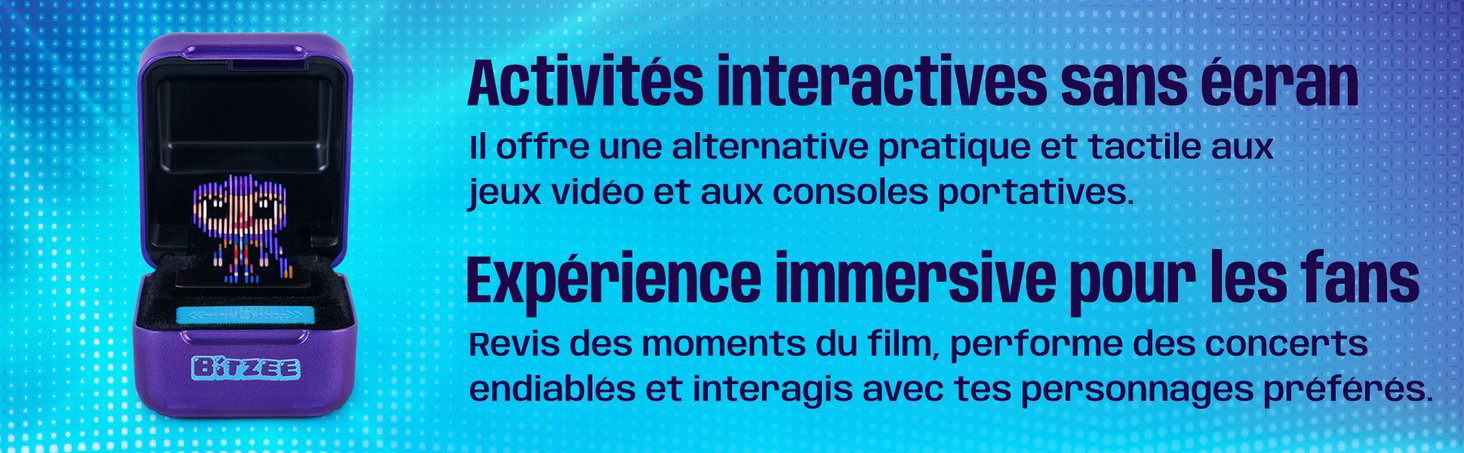 Le texte indique « Activités interactives sans écran » et « Expérience immersive pour les fans ». Smartphone affichant l'interface de l'application avec des graphiques colorés sur fond bleu.
