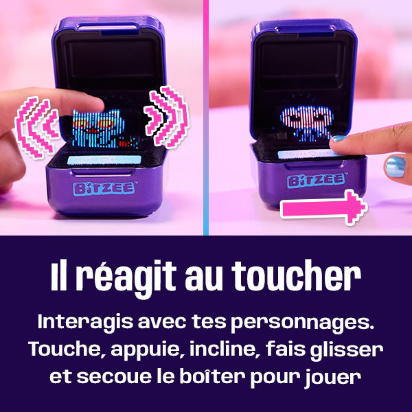 Le texte se lit comme suit : « Il réagit au toucher », « Interagis avec tes personnages ». Touche, appuie, incline, fais glisser et secoue le boîtier pour jouer ». Appareil de jeu interactif violet affiché sous deux angles et doté d'un écran LED tactile avec des personnages graphiques.